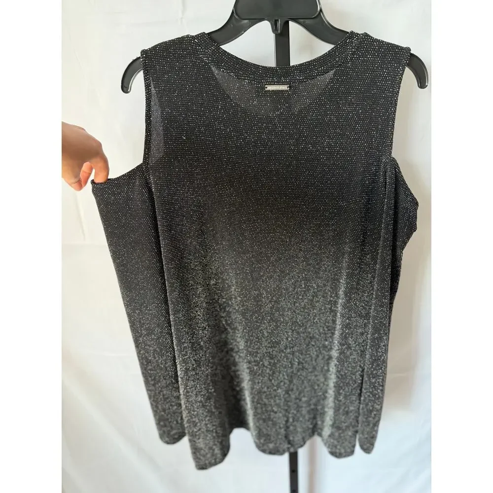 Michael Kors Black & Silver Metallic Brilliance Cold Shoulder Top Sz L NWT